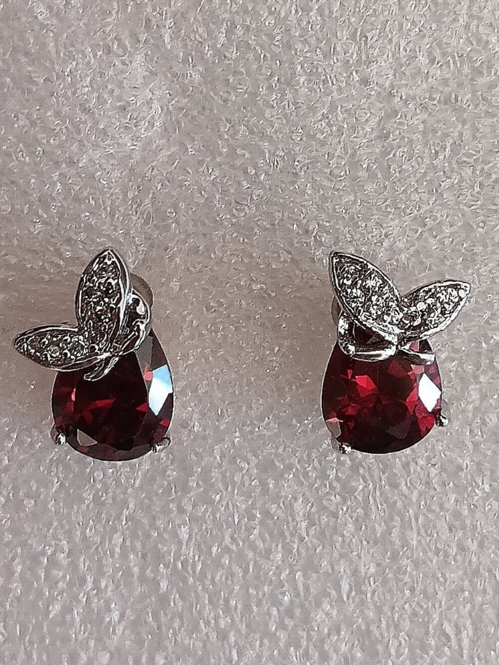 New - Garnet With White Topaz Butterflies Silver Stud Earrings